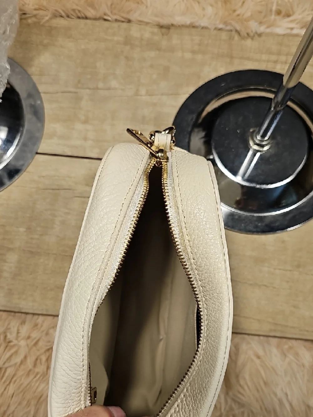 Furla White Cream Color Pebbled Leather Crossbody with Gold Lock